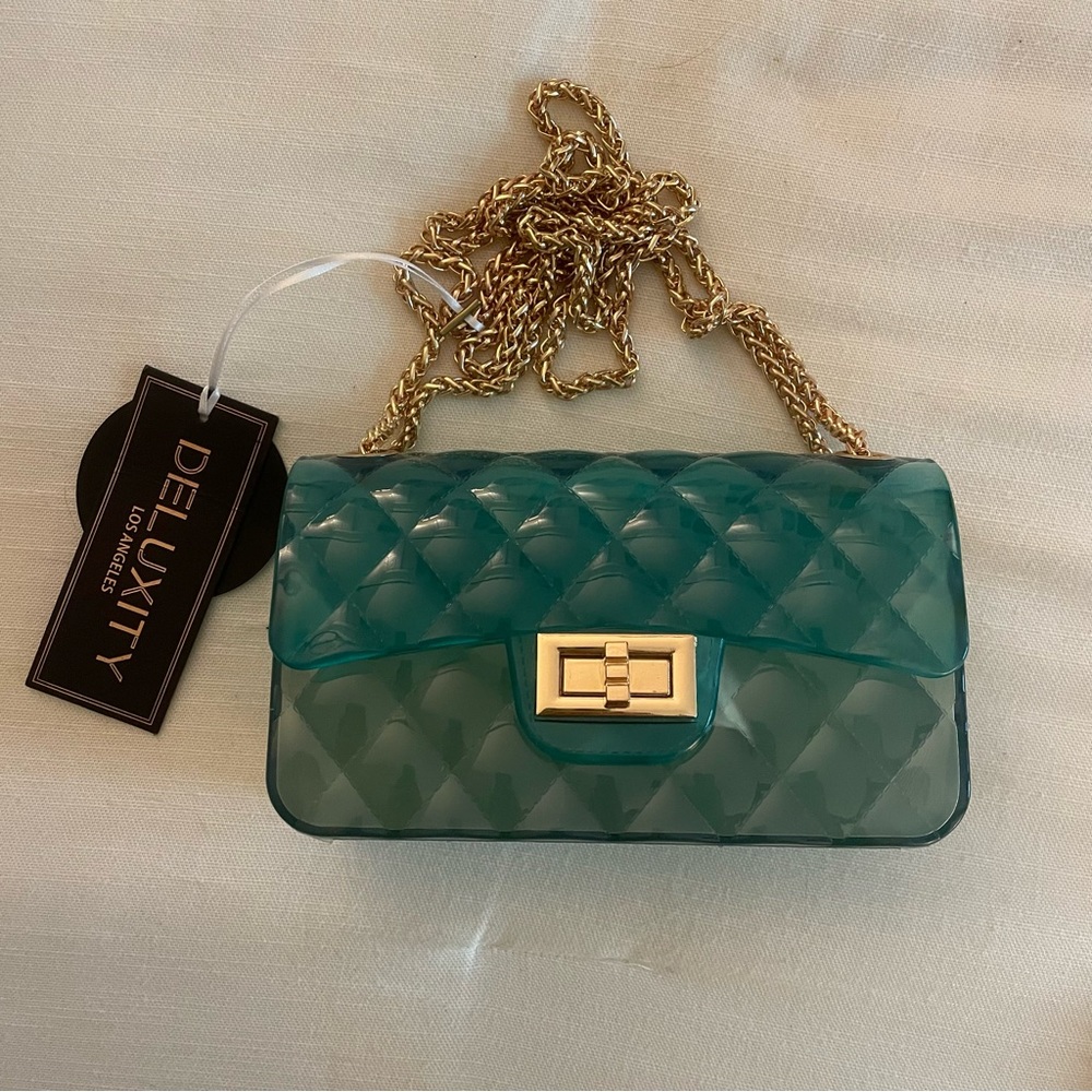 Deluxity Los Angeles Jelly Gold Chain Tufted Purse, Green/Blue, NWT - Picture 1 of 5